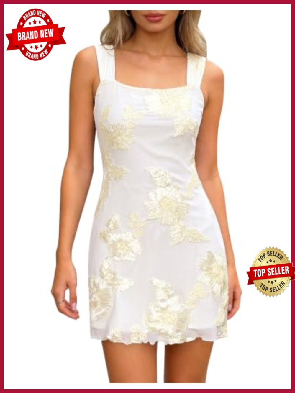 Embroidered Floral Mini Dress Mesh Square Neck Sleeveless A-Line